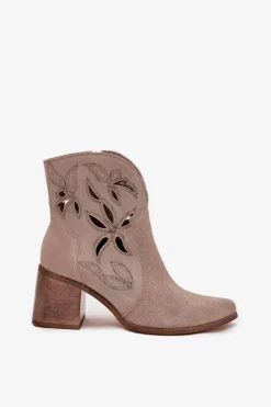 Botki Damskie Ażurowe Z Naturalnego Zamszu Na Słupku Zazoo 3690 Beżowe