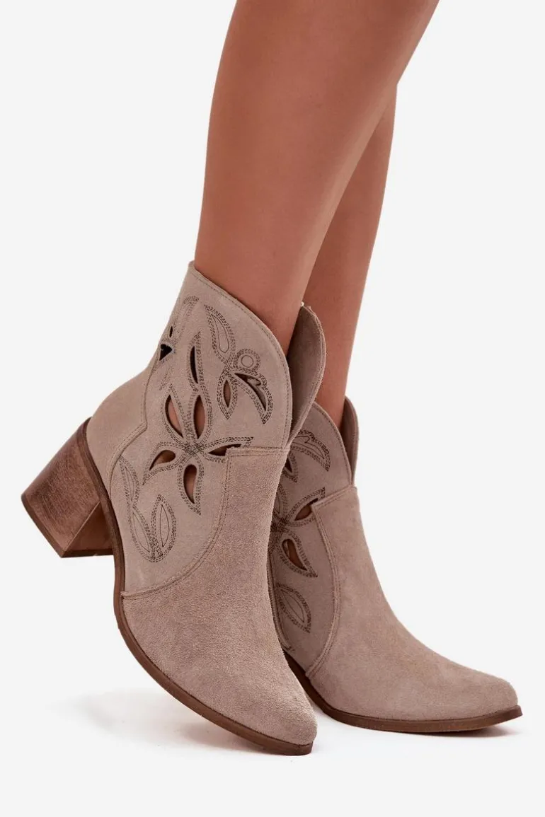 Botki Damskie Ażurowe Z Naturalnego Zamszu Na Słupku Zazoo 3690 Beżowe