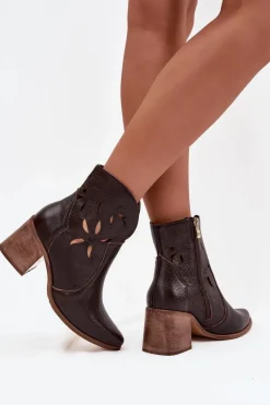 Botki Damskie Ażurowe Z Naturalnej Skóry Na Słupku Zazoo 3690 Czekoladowe