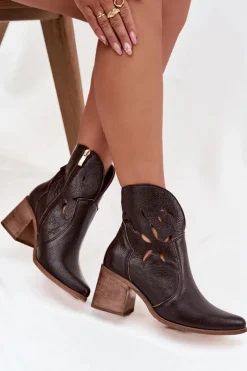 Botki Damskie Ażurowe Z Naturalnej Skóry Na Słupku Zazoo 3690 Czekoladowe