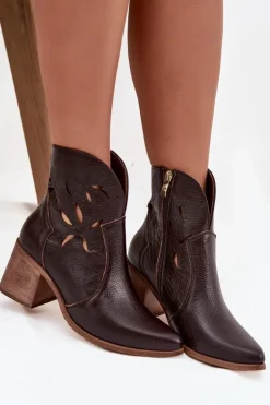 Botki Damskie Ażurowe Z Naturalnej Skóry Na Słupku Zazoo 3690 Czekoladowe