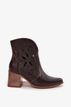 Botki Damskie Ażurowe Z Naturalnej Skóry Na Słupku Zazoo 3690 Czekoladowe