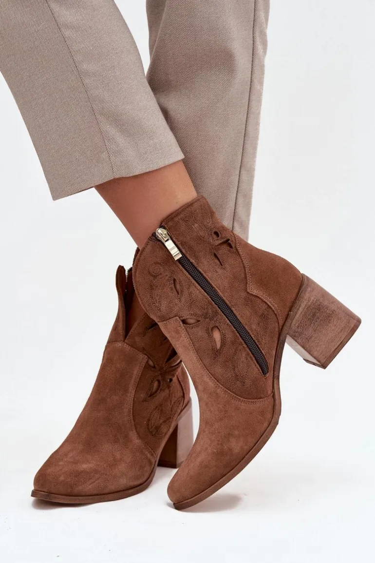 Botki Damskie Ażurowe Z Naturalnego Zamszu Na Słupku Zazoo 3690 Brązowe