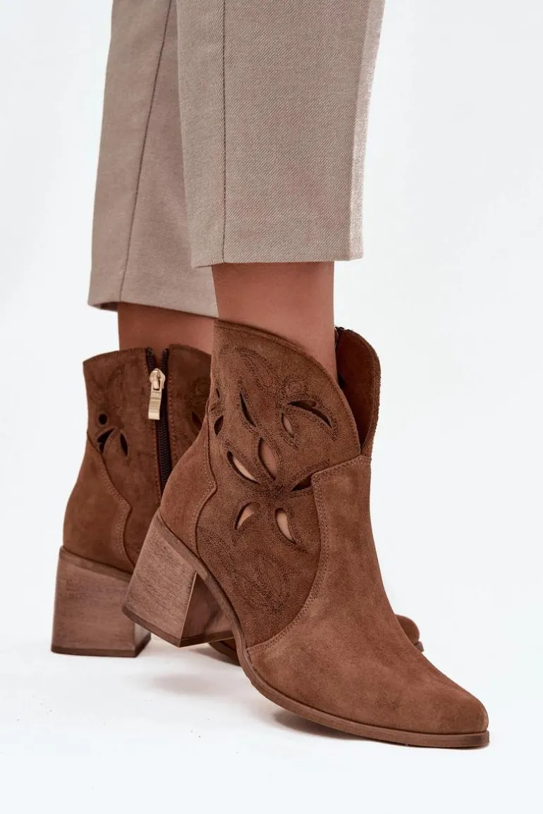 Botki Damskie Ażurowe Z Naturalnego Zamszu Na Słupku Zazoo 3690 Brązowe