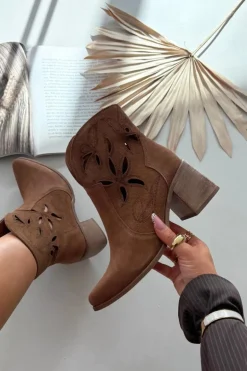 Botki Damskie Ażurowe Z Naturalnego Zamszu Na Słupku Zazoo 3690 Brązowe