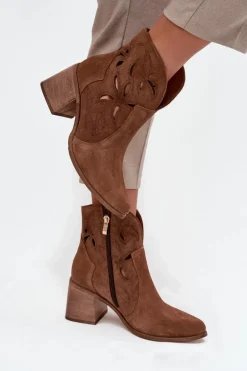 Botki Damskie Ażurowe Z Naturalnego Zamszu Na Słupku Zazoo 3690 Brązowe