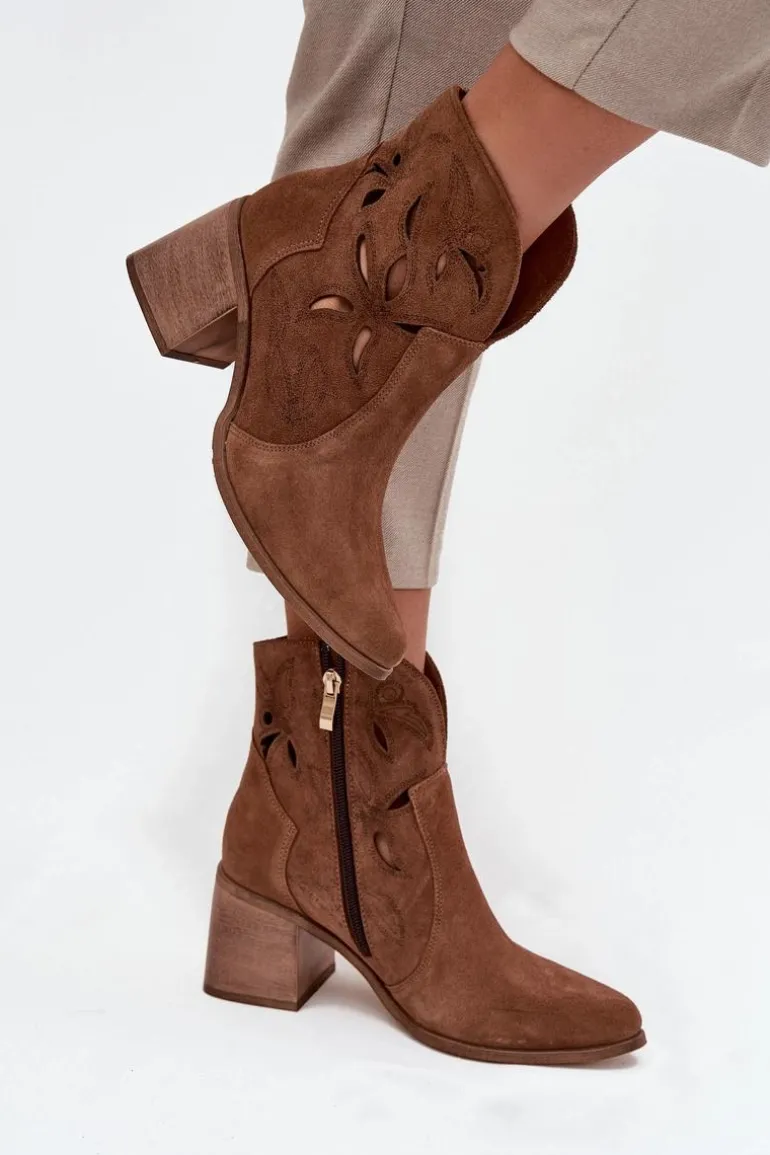 Botki Damskie Ażurowe Z Naturalnego Zamszu Na Słupku Zazoo 3690 Brązowe