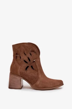 Botki Damskie Ażurowe Z Naturalnego Zamszu Na Słupku Zazoo 3690 Brązowe