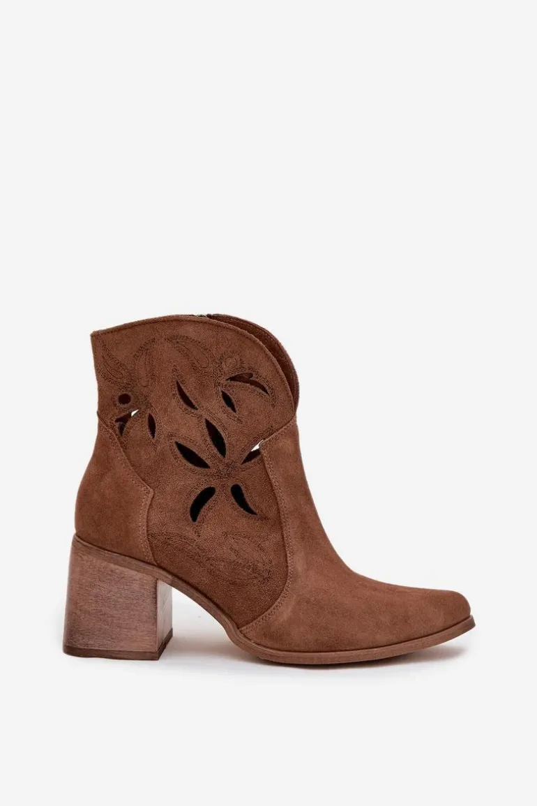 Botki Damskie Ażurowe Z Naturalnego Zamszu Na Słupku Zazoo 3690 Brązowe