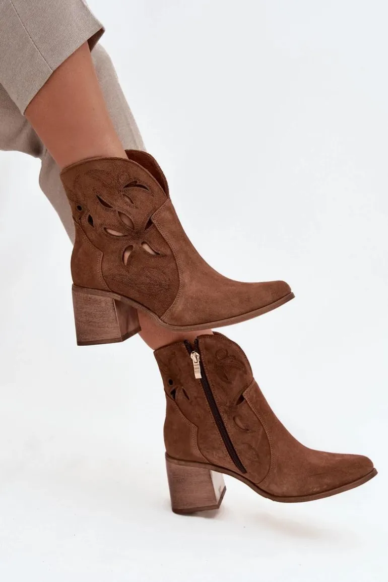 Botki Damskie Ażurowe Z Naturalnego Zamszu Na Słupku Zazoo 3690 Brązowe