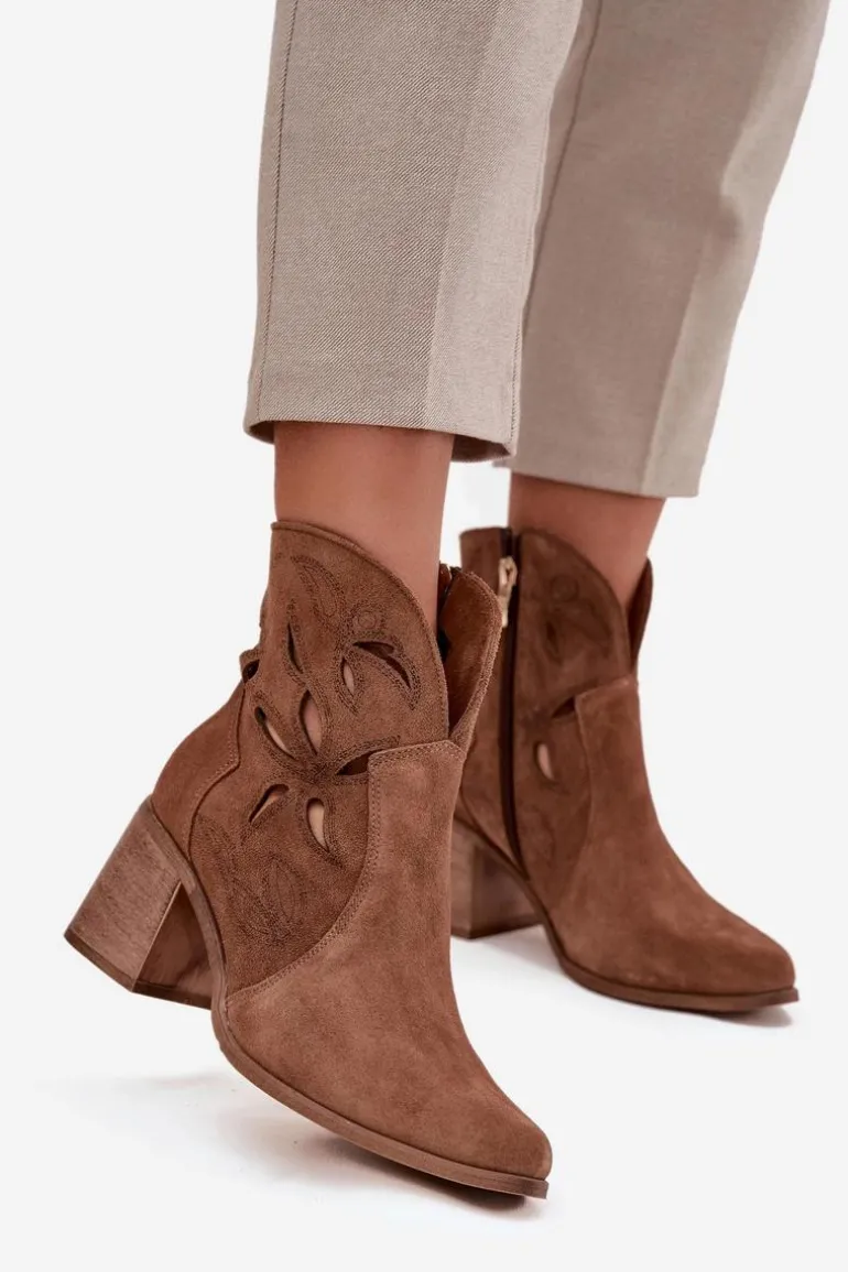 Botki Damskie Ażurowe Z Naturalnego Zamszu Na Słupku Zazoo 3690 Brązowe