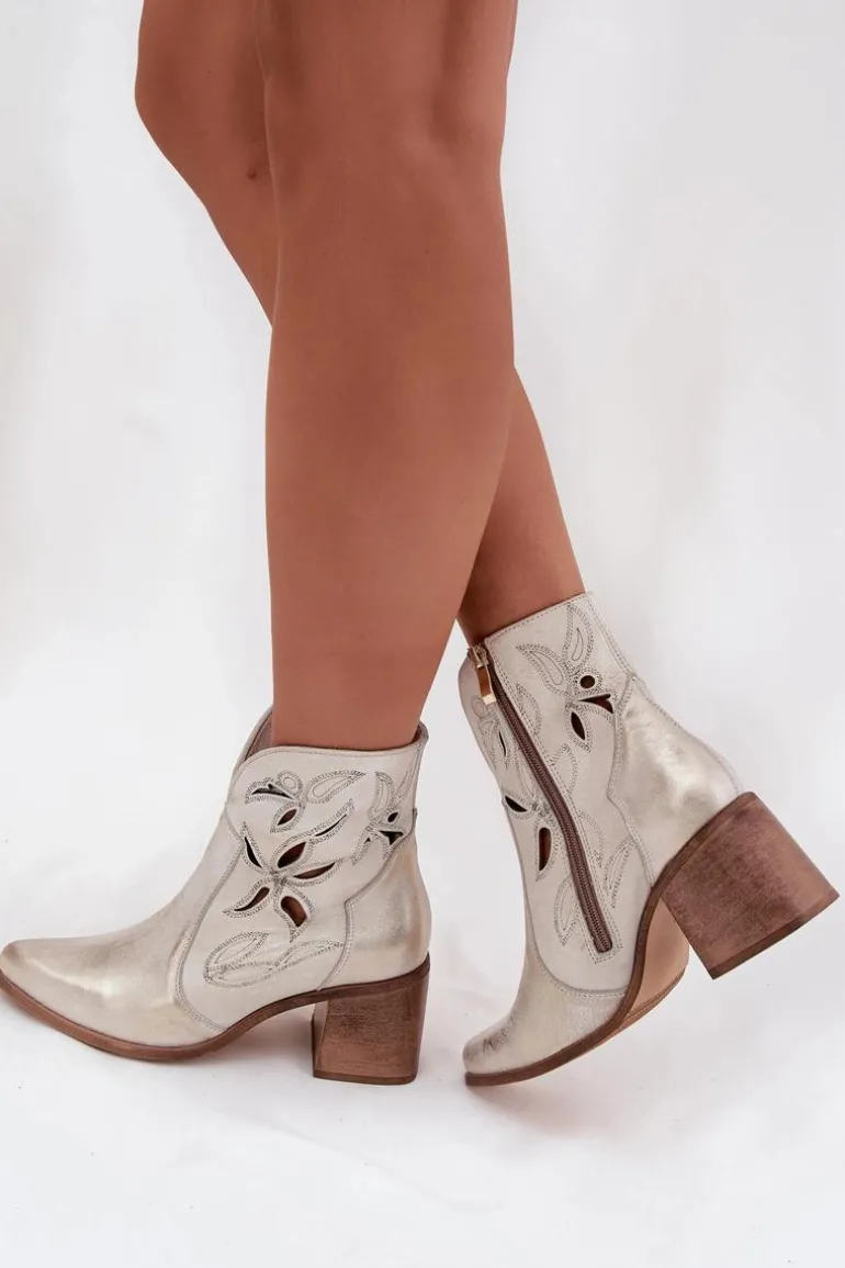 Botki Damskie Ażurowe Z Naturalnej Skóry Na Słupku Zazoo 3690 Złoty Przecierany