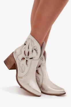 Botki Damskie Ażurowe Z Naturalnej Skóry Na Słupku Zazoo 3690 Złoty Przecierany