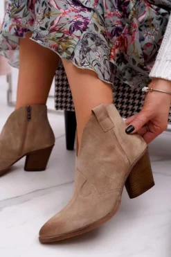 Botki Damskie Beżowe Skórzane na Obcasie Chavai