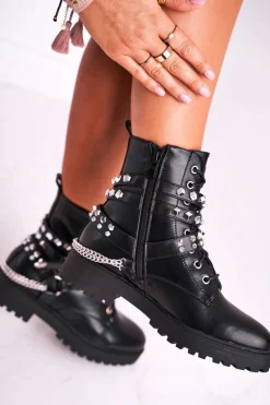 Botki Damskie Ciepłe Dżety Łańcuchy Czarne Desire