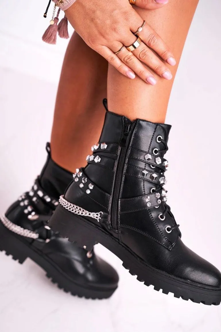 Botki Damskie Ciepłe Dżety Łańcuchy Czarne Desire