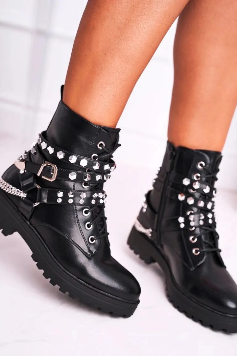 Botki Damskie Ciepłe Dżety Łańcuchy Czarne Desire