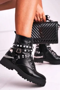 Botki Damskie Ciepłe Dżety Łańcuchy Czarne Desire