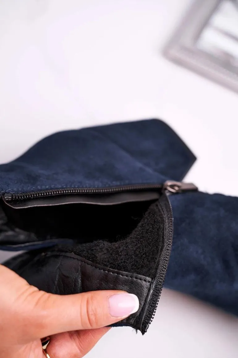 Botki Damskie Ciepłe Eko Zamsz Granatowe So Good