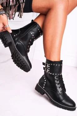 Botki Damskie Ciepłe Srebrne Nity Czarne Freed