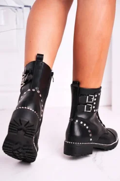 Botki Damskie Ciepłe Srebrne Nity Czarne Freed