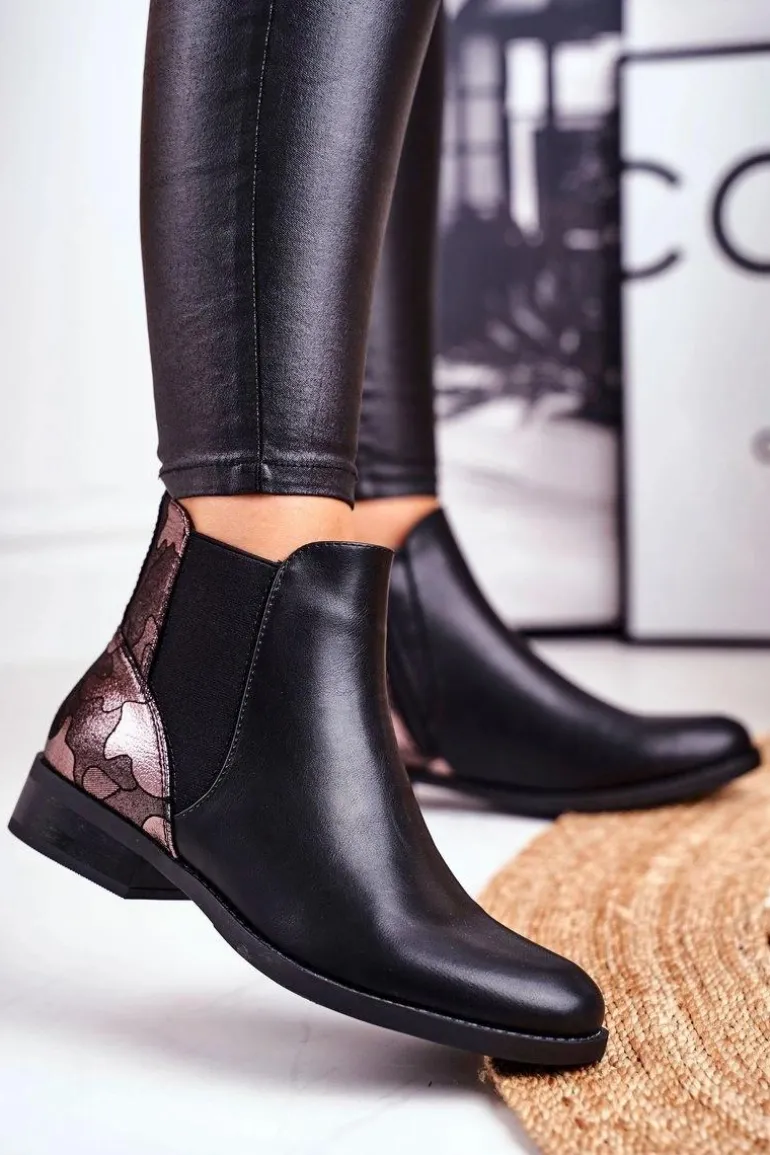 Botki Damskie Ciepłe Sztyblety Płaski Obcas Czarne Dibbo