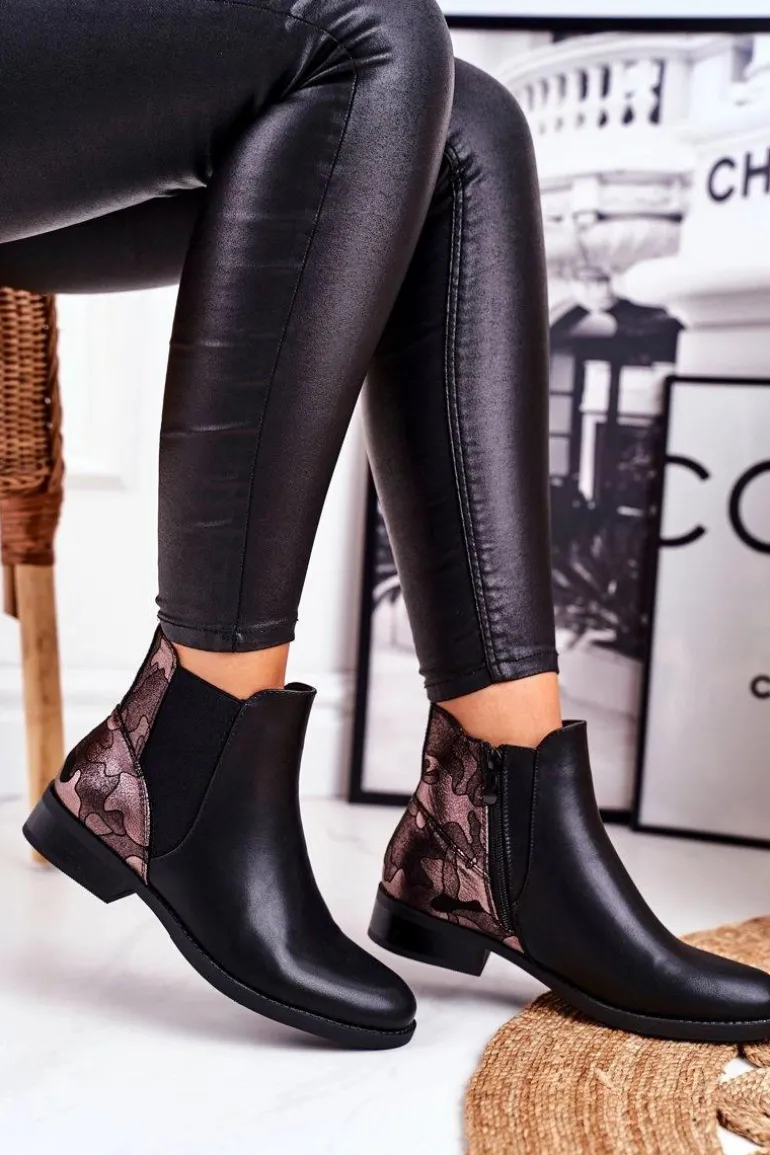 Botki Damskie Ciepłe Sztyblety Płaski Obcas Czarne Dibbo