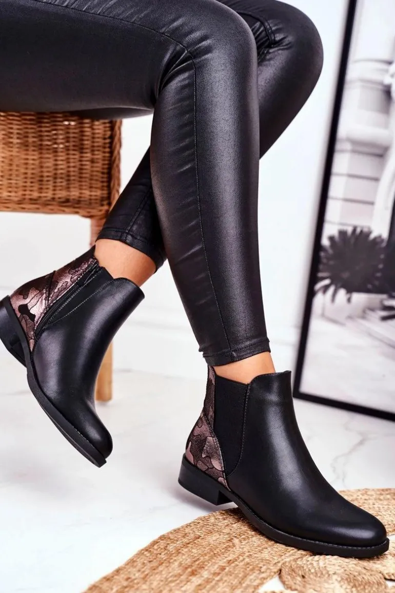 Botki Damskie Ciepłe Sztyblety Płaski Obcas Czarne Dibbo