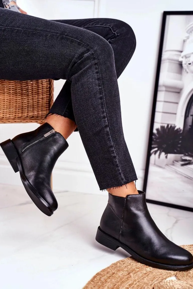 Botki Damskie Ciepłe Sztyblety Płaski Obcas Skóra Czarne Fernir