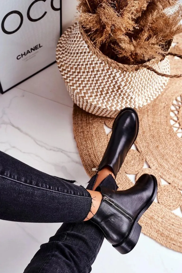 Botki Damskie Ciepłe Sztyblety Płaski Obcas Skóra Czarne Fernir