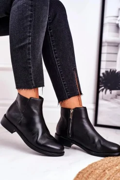 Botki Damskie Ciepłe Sztyblety Płaski Obcas Skóra Czarne Fernir