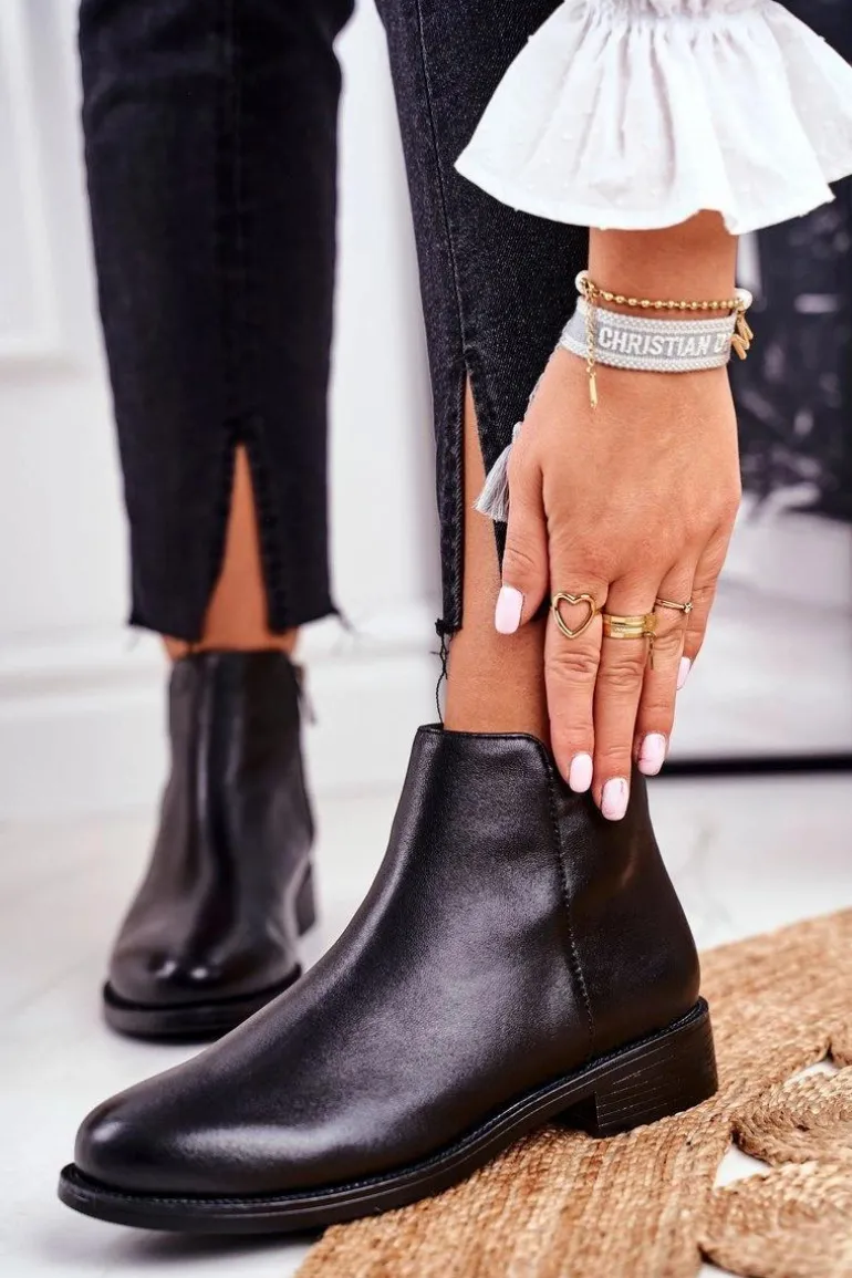 Botki Damskie Ciepłe Sztyblety Płaski Obcas Skóra Czarne Fernir