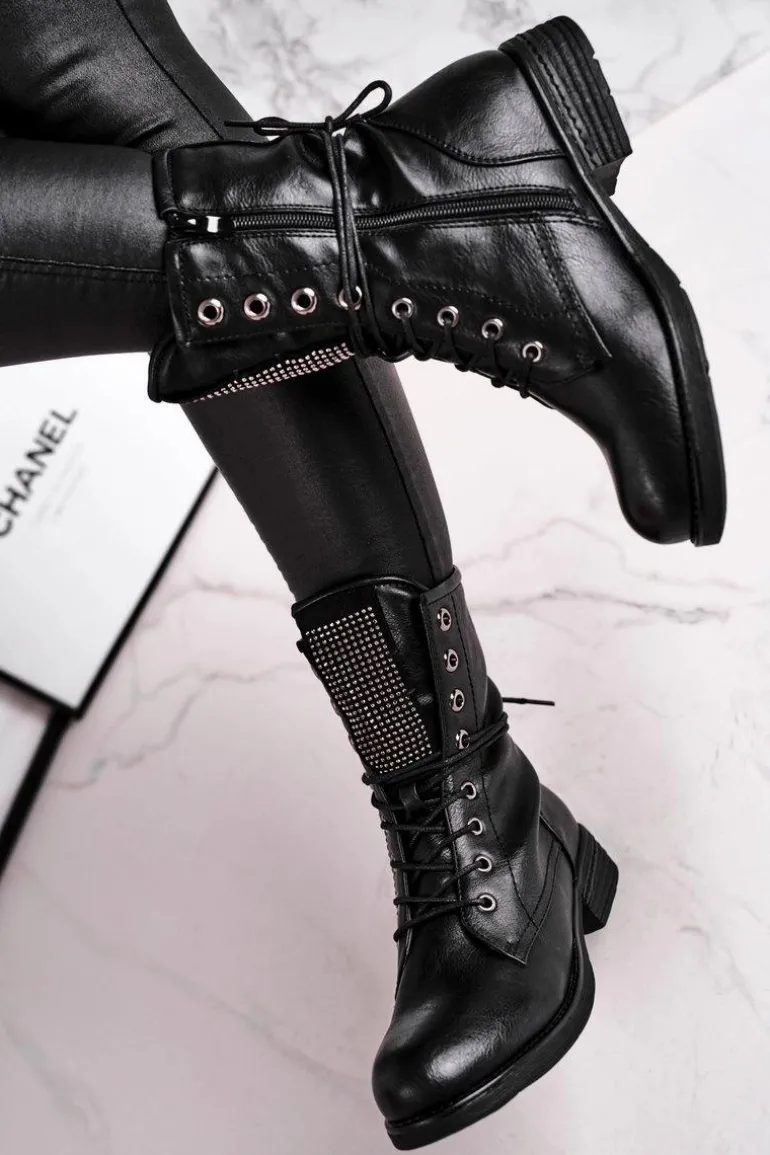 Botki Damskie Ciepłe Workery Z Cyrkoniami Czarne Seven Days