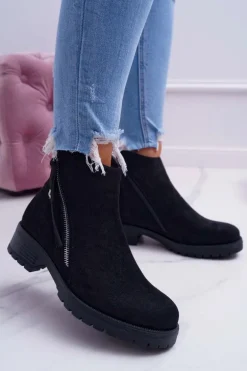 Botki Damskie Ciepłe Zamszowe Dwa Suwaki Czarne Ohoo