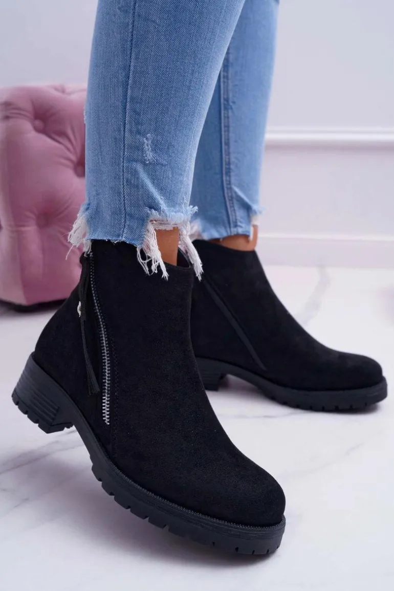 Botki Damskie Ciepłe Zamszowe Dwa Suwaki Czarne Ohoo