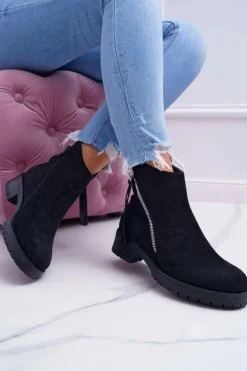 Botki Damskie Ciepłe Zamszowe Dwa Suwaki Czarne Ohoo