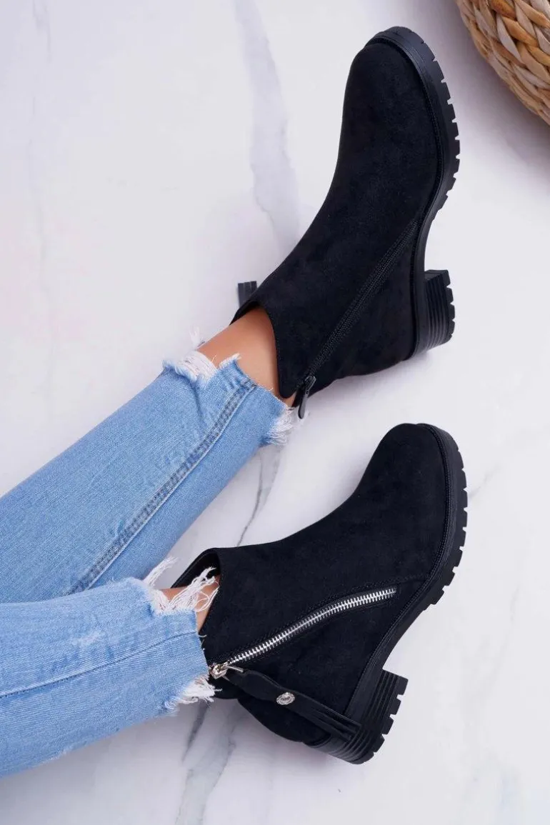 Botki Damskie Ciepłe Zamszowe Dwa Suwaki Czarne Ohoo