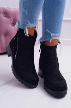 Botki Damskie Ciepłe Zamszowe Dwa Suwaki Czarne Ohoo