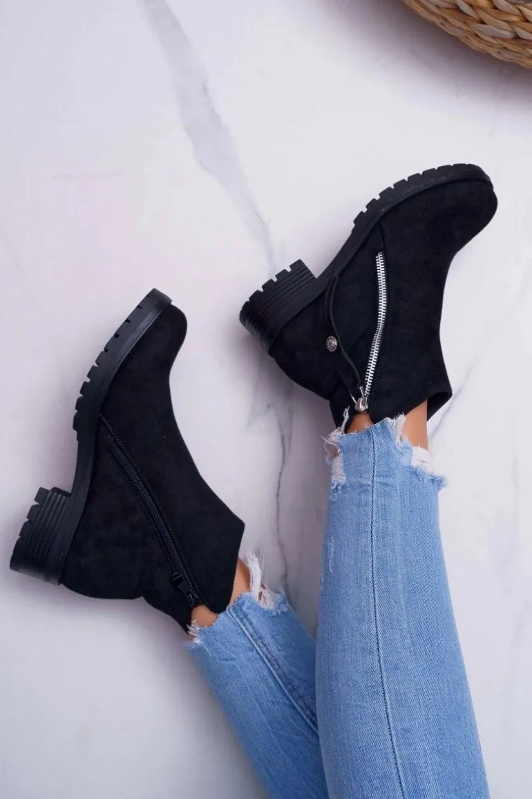 Botki Damskie Ciepłe Zamszowe Dwa Suwaki Czarne Ohoo