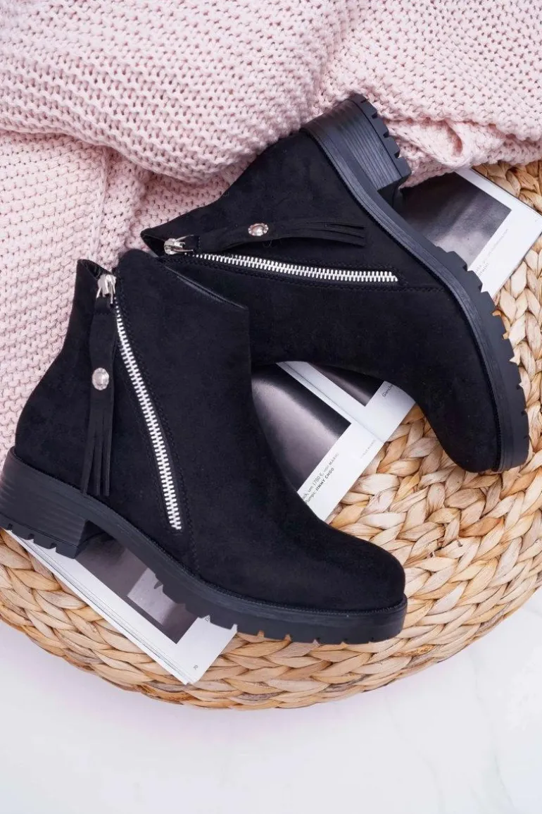 Botki Damskie Ciepłe Zamszowe Dwa Suwaki Czarne Ohoo