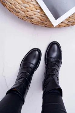 Botki Damskie Czarne Płaski Obcas Skóra Naturalna Laura Messi