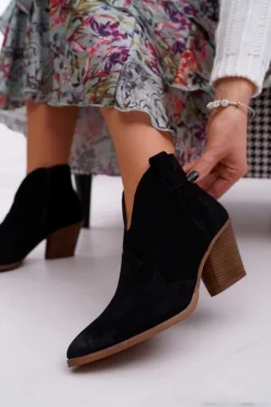 Botki Damskie Czarne Skórzane na Obcasie Chavai