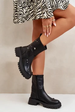 Botki Damskie Eko Skórzane Na Zamek Z Ozdobnymi Detalami Czarne Reritha