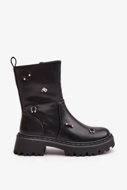 Botki Damskie Eko Skórzane Na Zamek Z Ozdobnymi Detalami Czarne Reritha
