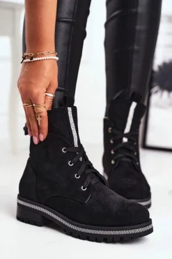 Botki Damskie Eko Zamsz Czarne Hundret Percent