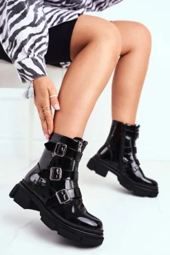 Botki Damskie Klamry Suwaki Lakierowane Czarne Kassandra