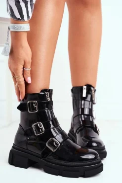 Botki Damskie Klamry Suwaki Lakierowane Czarne Kassandra