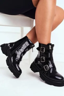 Botki Damskie Klamry Suwaki Lakierowane Czarne Kassandra