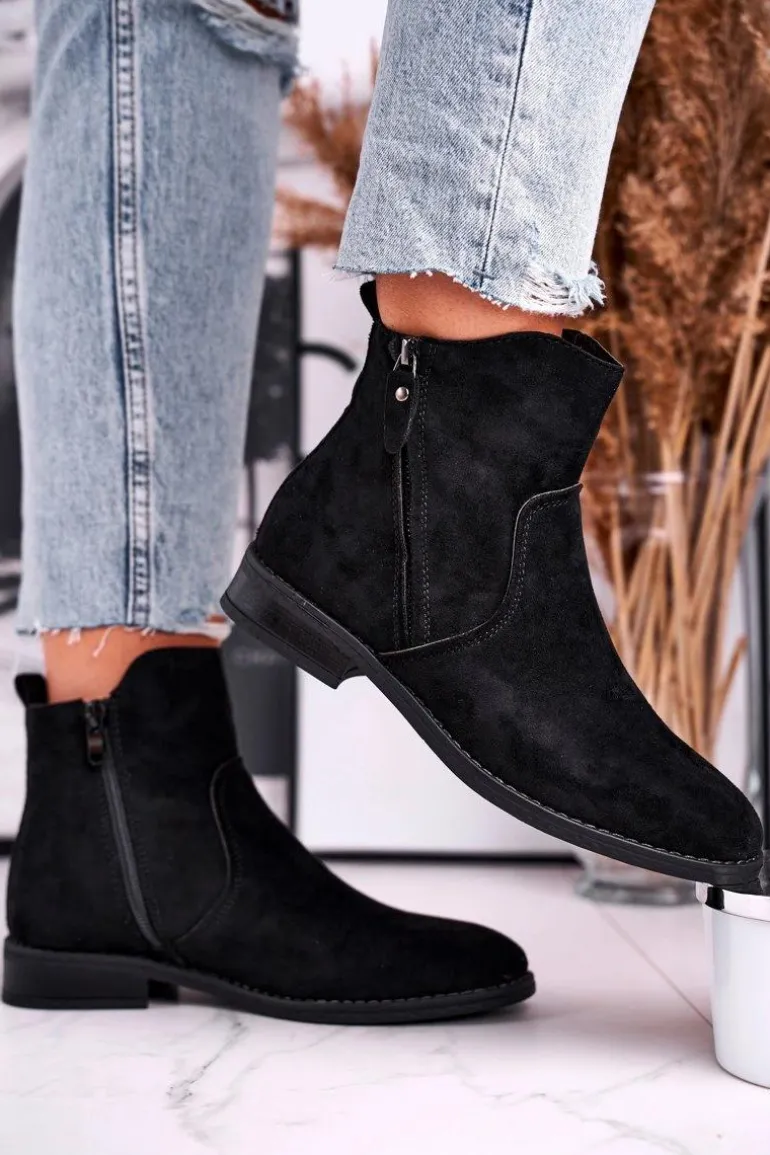 Botki Damskie Kowbojki Płaski Obcas Czarne Plemmi