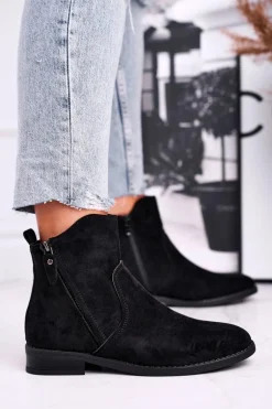 Botki Damskie Kowbojki Płaski Obcas Czarne Plemmi